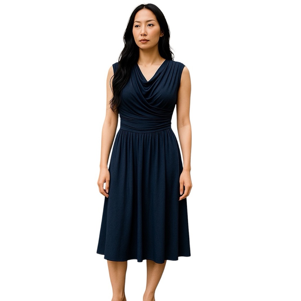 VELVET Brand Rayon Blend Faux Wrap Style Pull On A Line Dress Navy Size Small
